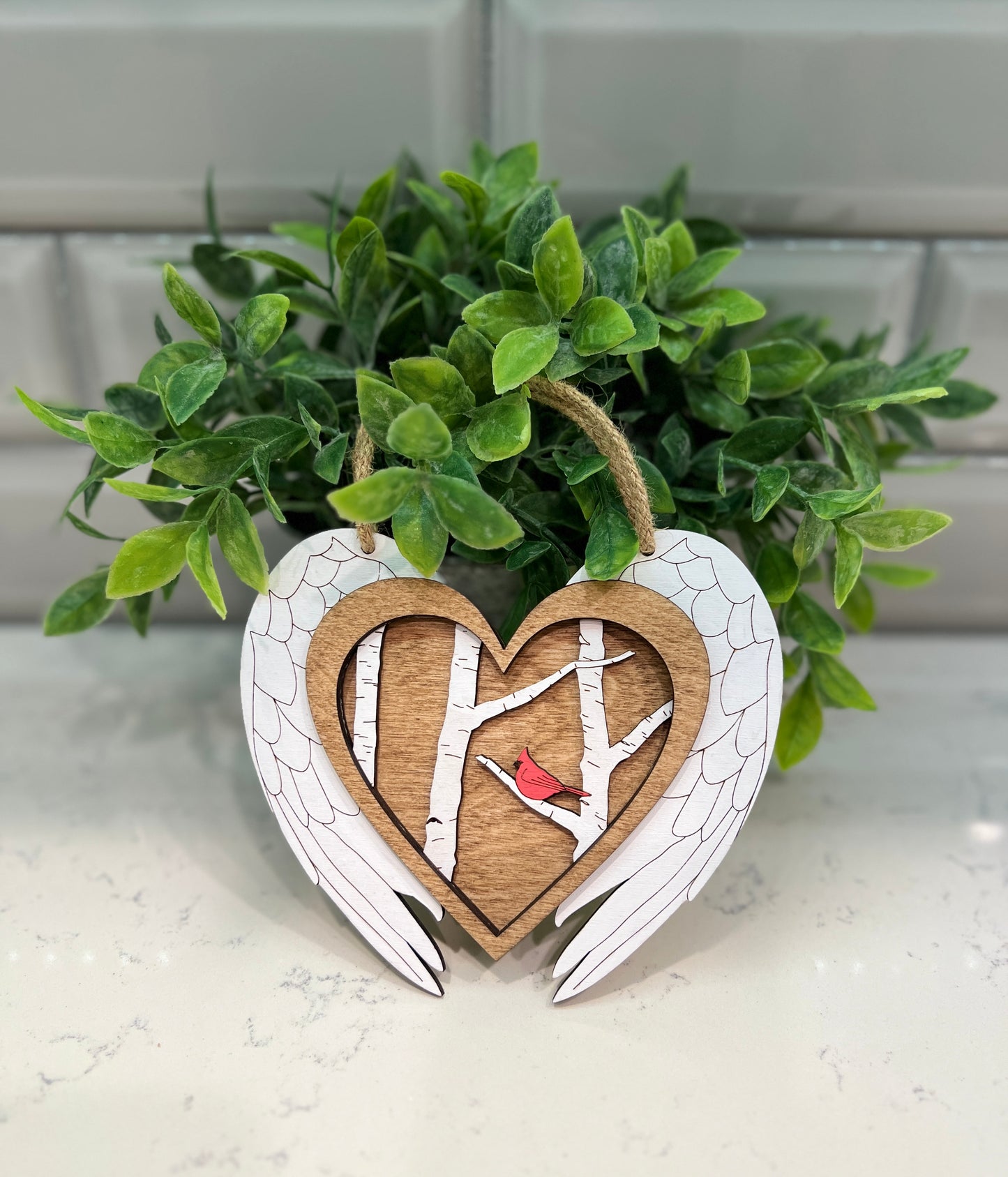 Cardinal Memorial Wood Ornament with Angel Wings