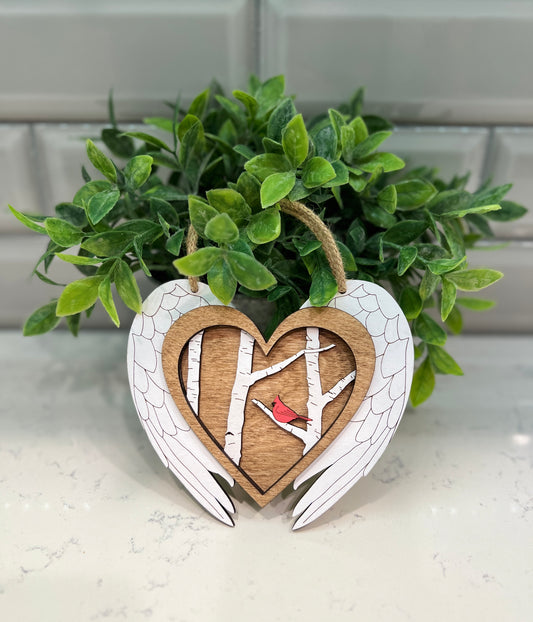 Cardinal Memorial Wood Ornament with Angel Wings